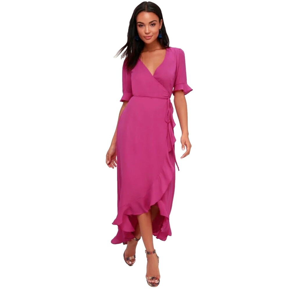 Lulu's Women’s Wrap Dress Size XS Hot Pink Ruffle Flowy High Low Short Sleeve - Picture 1 of 12